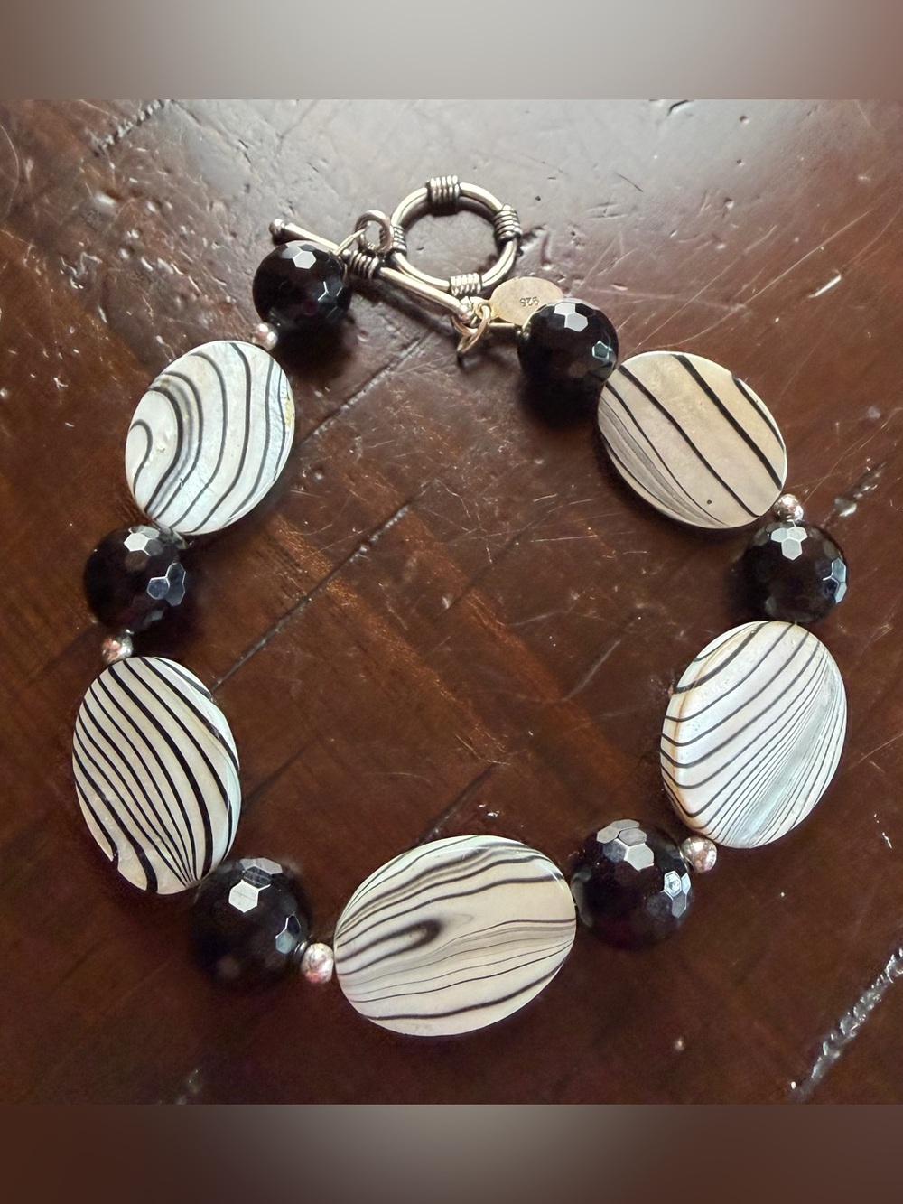 Donna Dressler 925 Sterling Silver Black Onyx Swirl Bead Toggle Bracelet